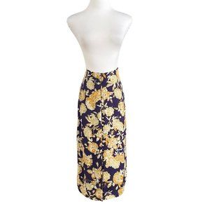 FRANK AND OAK PURPLE BABY BLUE MUSTARD YELLOW FLORAL BUTTON FRONT MIDI SKIRT - S